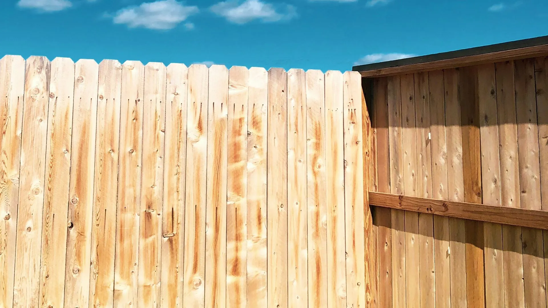 A cedar wood privacy fence and a blue sky